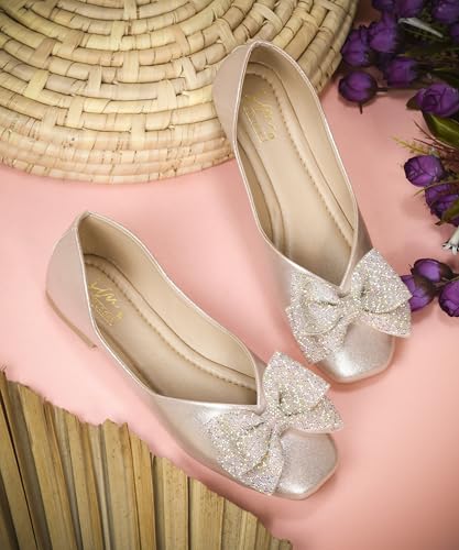 Image of JM LOOKS Sparkling Occasion Ballet Flats with Oversized Glitter Bow and Sleek Low Profile Design Silhouette