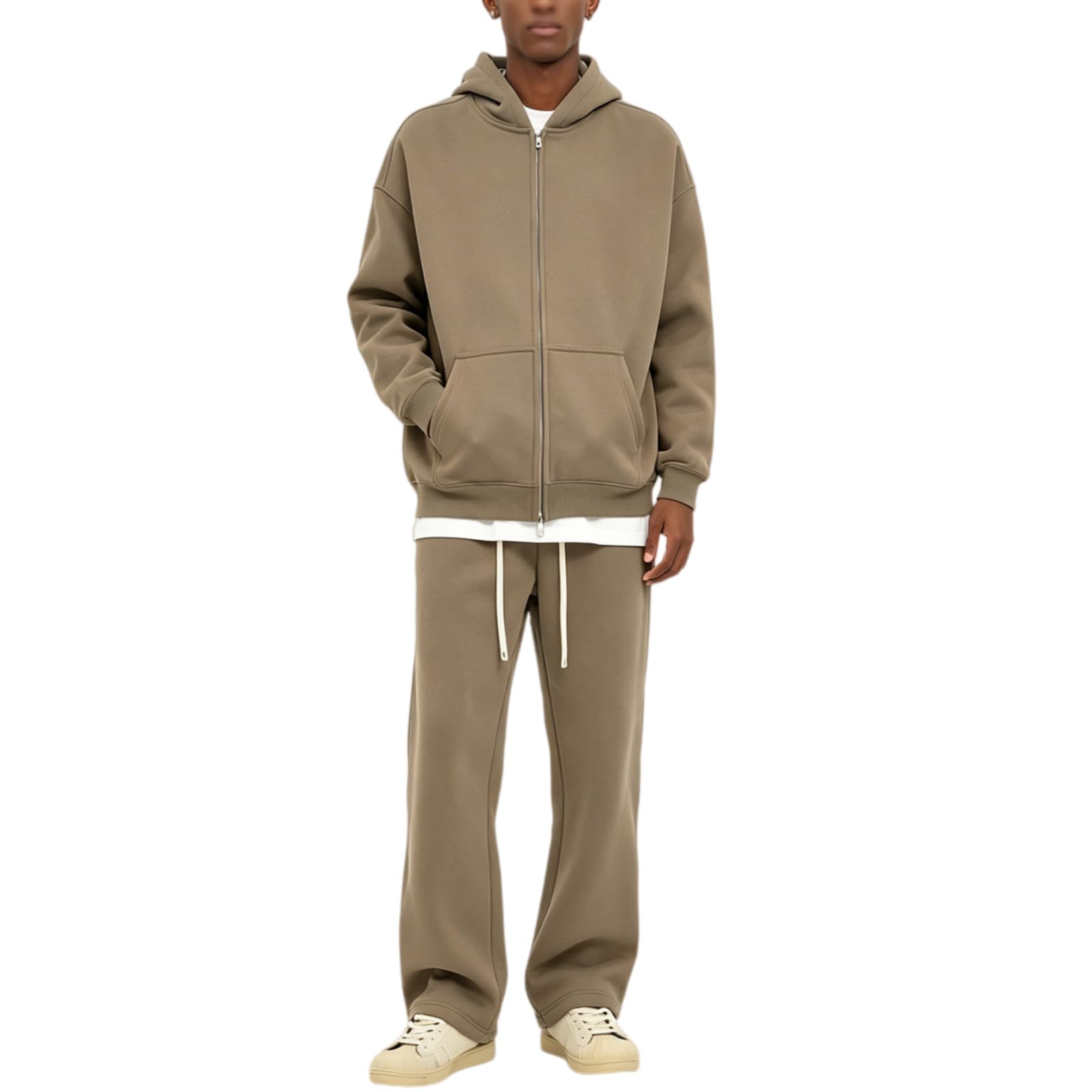 Dres, kurtka dresowa, bluza z kapturem, z zamkiem błyskawicznym, spodnie do joggingu zimowego, Khaki, XL | Kurtka polarowa unisex z zamkiem błyskawicznym i spodniami do biegania, ciepła i wygodna do codziennego użytku