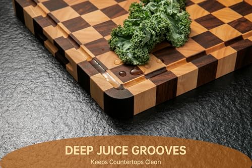 Image of THETCHRY Cutting Boards for Kitchen, Checkered Cutting Board Thickened, Walnut & Rubber Wood Chopping Board with Juice Groove & Handle, Double-sided Butcher Block with Gift Box, 16.5 inch x 11.6 inch x 1.2 inch