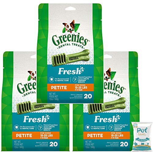 Greenies (3 Pack) Natural Dental Dog Treats Petite Fresh Mint 12 oz with 10ct Pet Faves Wipes