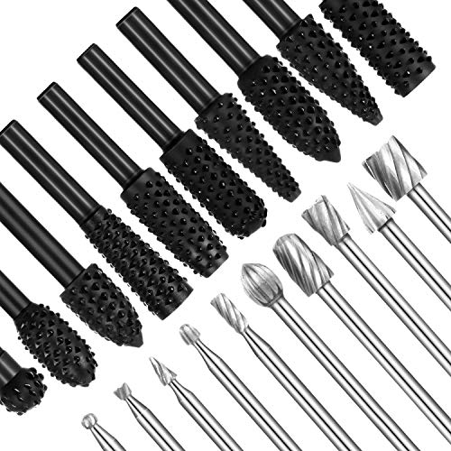 10 Pieces Woodworking Drill Bits High Speed Rasp Drill Bit with 1/8 Inch Shank and 10 Pieces Carving Drill Bits with 1/4 Inch Shank for DIY Woodworking Carving Drilling (Black and Silver)