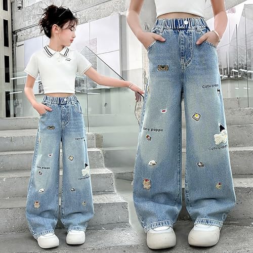 Kids Girls Jeans Baggy Wide Leg Denim Pants Cute Embroidered Elastic Straight Trousers Trendy Preppy Y2k Streetwear2