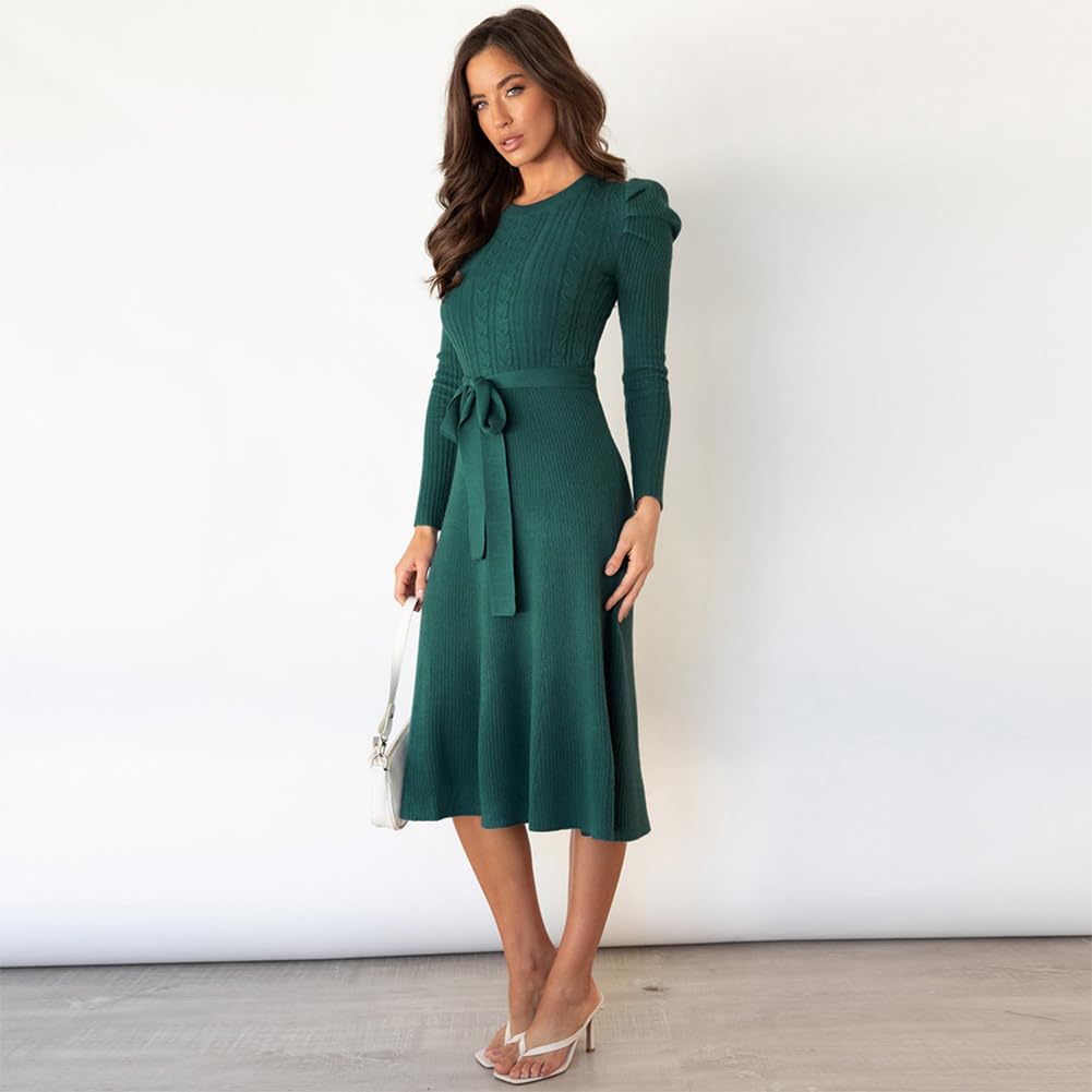 IBAKOM Femmes Automne Pull Robe Hiver Skinny Tricot Manches Longues Lacets Volants Midi A - Type Robe Décontractée