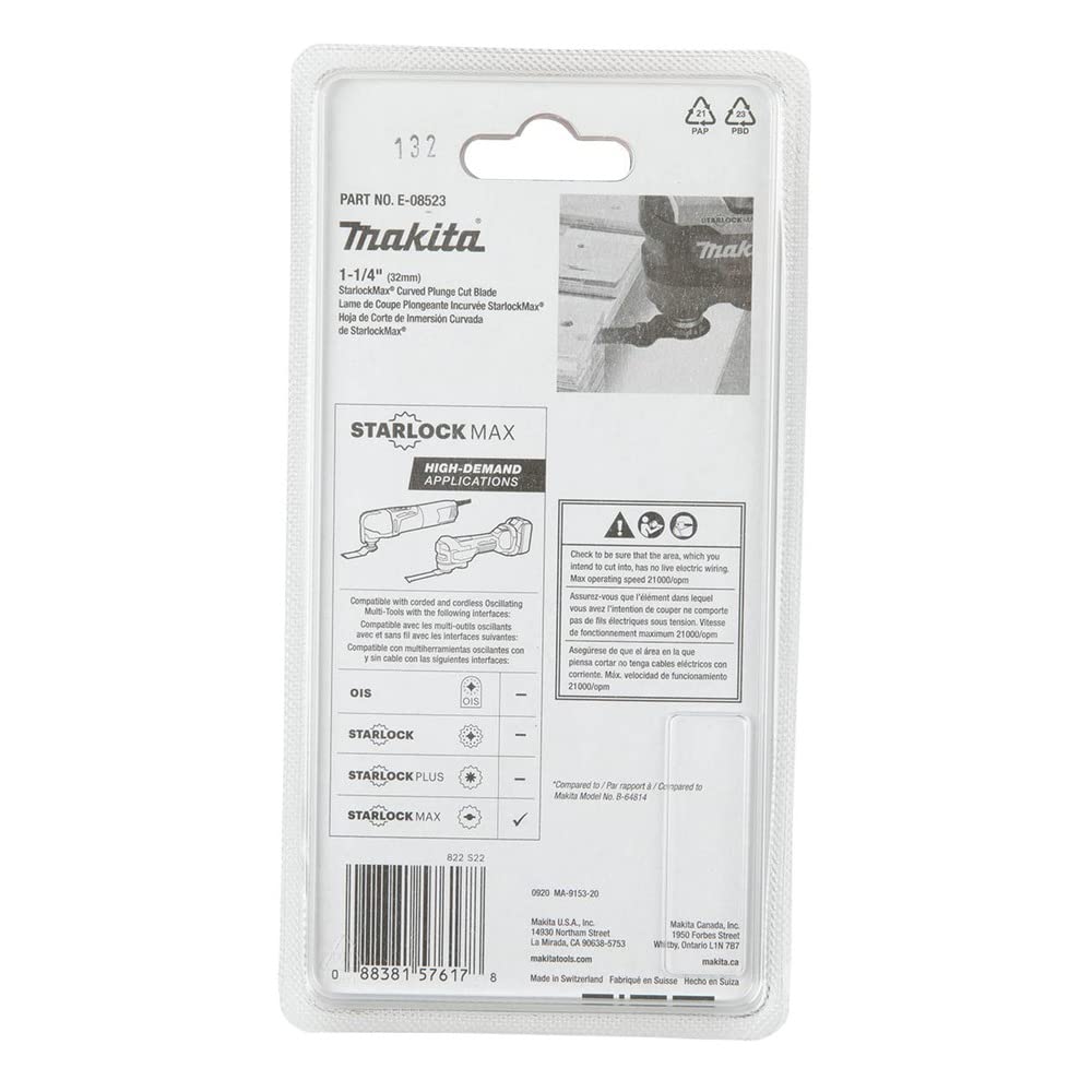 Makita E-08523 StarlockMax® Multiherramienta oscilante de 1-1/4 pulgadas, hoja curvada bimetálica