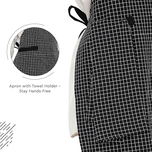 Image of Encasa XO Cotton Cooking kitchen Apron for Women and Men chef apron With adjustable neckstrap, Pocket & Towel Holder for Easy cooking, Baking, BBQ, Gardening- Butcher Checks Black, 68x85 cm