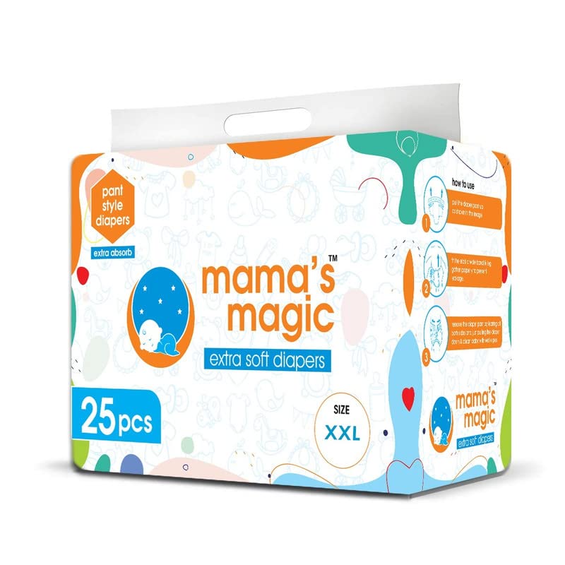 Mama's magic | Baby pant Diapers | Extra soft - All Round Protection | Super Slim Elastic | Anti Bacterial - Absorbent Material | Size - XXL | Total Piece - 25 (Pack of 1)