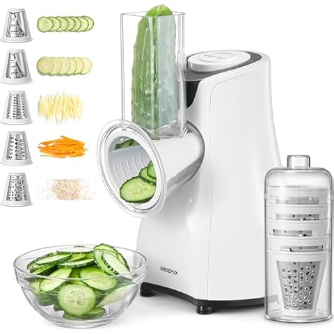 Electric Cheese Grater, Reemix 5 Multi Blade Cheese Shredder Salad Maker for Home Kitchen Use, Detachable Vegetable Slicer Electric Grater for Cheese, Vegetables, Fruits Cover