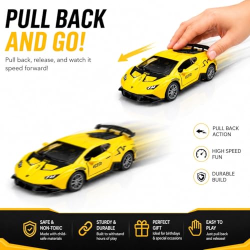 Image of 1:36 Scale Lamborghini Huracan STO Die-Cast Car - Alloy Pull Back Toy Vehicle with Openable Doors, Realistic Detailing Sports Car Model for Kids, Boys & Collectors 【Yellow】