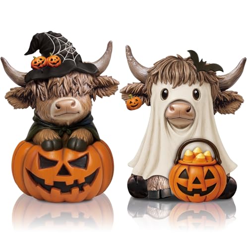 Karenhi 2 Pcs Halloween Decor Highland Cow Figurines Pumpkin and Ghost Cow Statues Farmhouse Fall Tabletop Decor for Tiered Tray Shelf Mantel Desk
