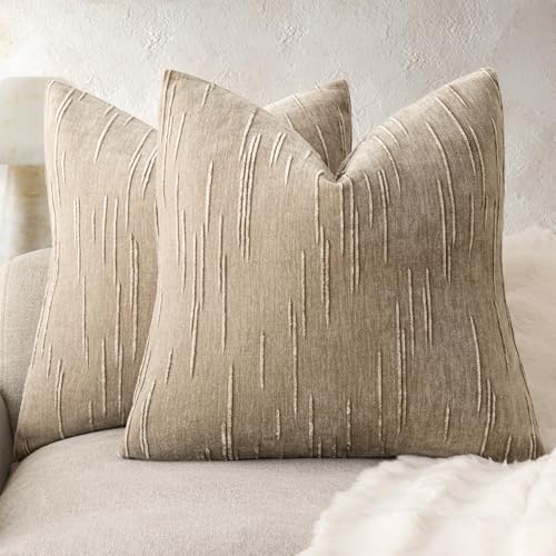 Image of Foindtower Pack of 2 Slubby Textured Chenille Throw Decorative Pillow Covers Square Accent Solid Cushion Cover Neutral Farmhouse Pillow Case for Couch Sofa Bedroom Living Room 24x24 Inch,Khaki Camel