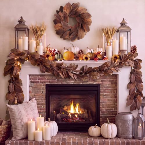 Yunlly 2 Pcs Magnolia Leaf Garland Set Include 6ft Realistic Fall Garland and 24 Inch Magnolia Leaf Wreath Artificial Brown Fall Decorations for Thanksgiving Harvest Festival Outdoor Indoor Decor