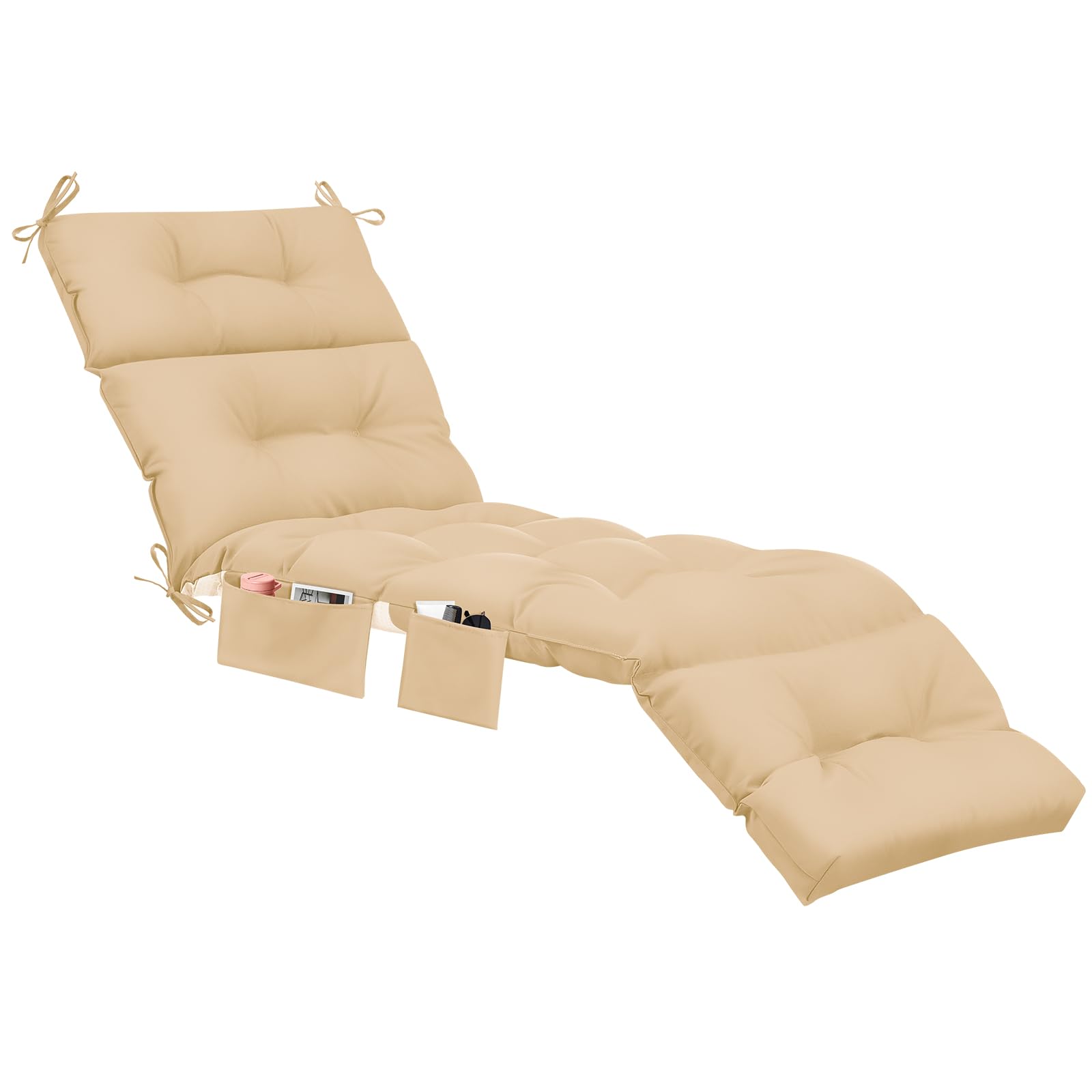 Kigley Outdoor Chaise Lounge Cushions with 3 Side Pocket 74.5 x 22 x 4.7 Inch Patio Chaise Lounge Cushion, Water-Repellent and Fade-Resistant Tufted