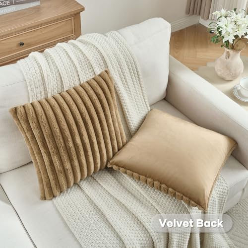FUTEI Camel Striped Decorative Throw Pillow Covers 22x22 Inch Set of 2,Square Fall Decorations Couch Pillow Case,Soft Cozy Faux Rabbit Fur & Velvet Back,Modern Home Decor for Bed