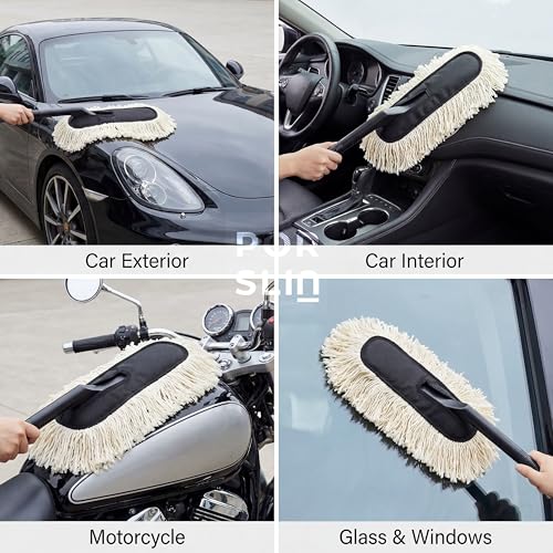 Image of Porslin Premium Car Duster Wax Treated Cotton Brush for Car Cleaning, Scratch-Free Dust Remover with Foldable Long Handle, Washable & Reusable, Multi-Purpose for Car, Bike & Home Use