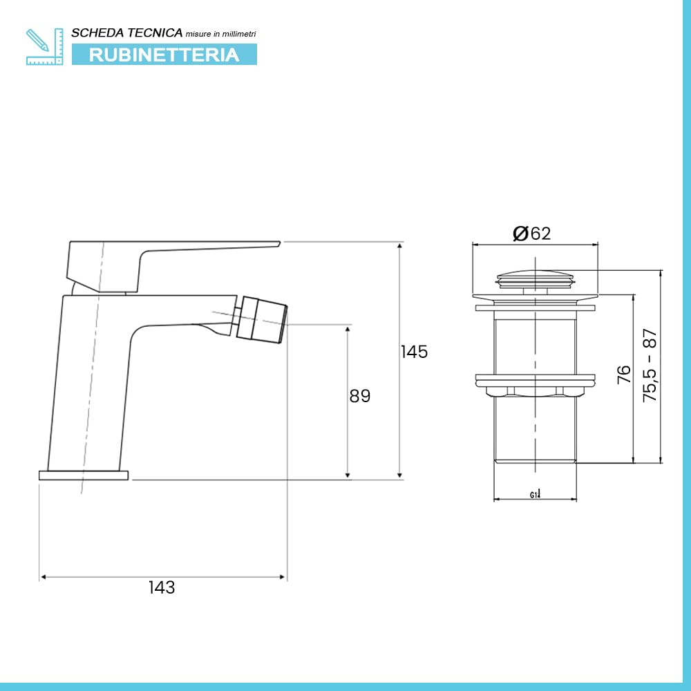 Set rubinetti miscelatori lavabo e bidet cromati, scarico click clack incluso, serie Kubo (Set Lavabo e Bidet)
