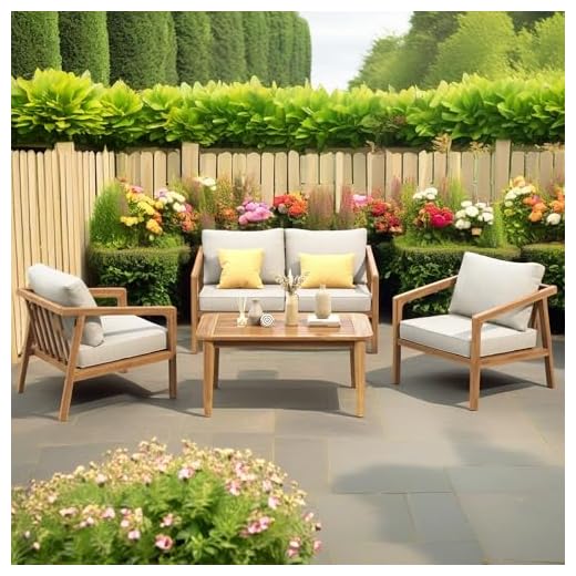 Christopher Knight Home Dena Patio 4-Piece Conversation Set, Outdoor 4-Seater Acacia Wood Sofa Chat Set,Garden Furniture,Loveseat,Coffee Table,Set of 2 Club Chairs, Removable Cushions, Teak+ Beige