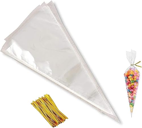 Dzrige 100 bolsas transparentes de cono transparentes con lazos dorados, bolsas triangulares de plástico para Pascua, Navidad, decoración de boda,