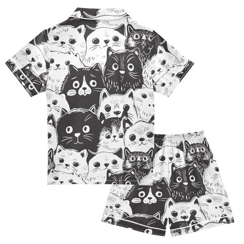 ALAZA Black White Cat Animal Kitten Pajamas Satin Pajama Set Short Sleeve Button Down Sleepwear2
