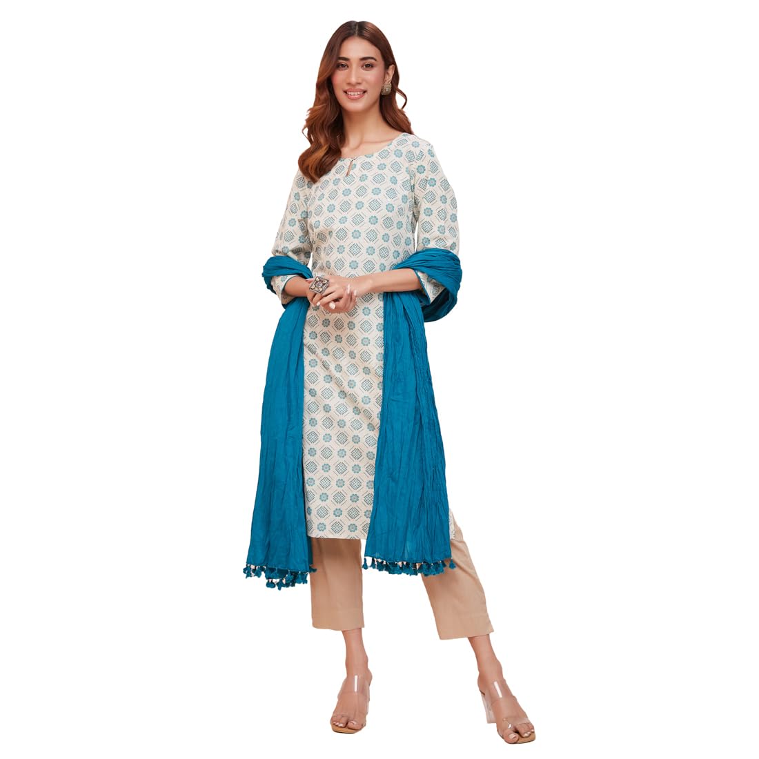 Fabindia Women's Cotton Printed Regular Kurta (1037543White- White-Teal