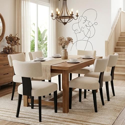 HNY Mid Century Modern Dining Chairs Set of 2 with Seat Covers, Farmhouse Linen Fabric Upholstered Accent Chairs Curved Backrest Kitchen Chairs, with Hardwood Frame, Beige