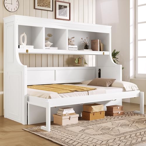 SOFTSEA Twin Size Horizontal Murphy Bed with Desk & Storage, Wood Hidden Wall Bed Frame with Shelves, Hideaway Folding Murphy Bed Cabinet for Small Rooms Guest Room Office, White