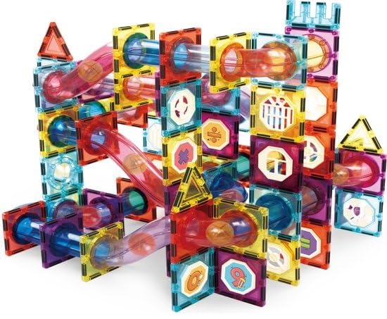 Olvy Magnetische Bausteine Montessori Spielzeug - 100 Magnetic Tiles Kinder - Murmelbahn Magnetisches Konstruktionsspielzeug Ab 3 Jahre - Smart Playground Magnetbausteine, Magnetset Kinder