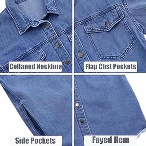 Expectatioin Women's Casual Denim Button down Distressed Jacket - 2025 Fall Fashion Trends with Oversized Frayed Hem Design2