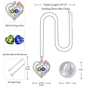 Iefil Rose Heart Necklace Gifts for Wife Women 925 Sterling Silver Double Birthstone Necklace Anniversary Birthday Gifts for Women Jewelry Gifts for Wife Girlfriend Mom Her
