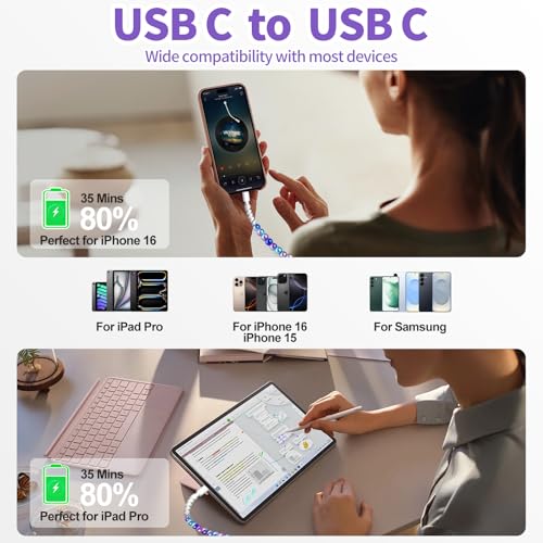 Image of VOFUOE USB C Cable for iPhone 16 Beaded Charging Cord Fast Charging Cable for Girls Women 3.3FT Colourful Pearls Type C Cable for iPhone 15, for iPad A16 11th, for Galaxy S25- Purple Blue Gradient