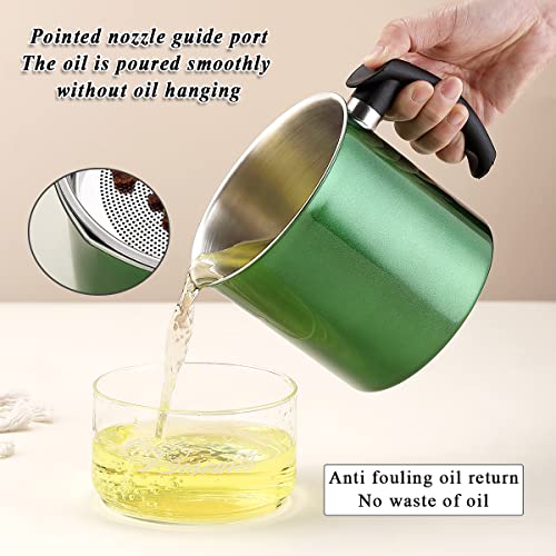 Image of Kyraton Bacon Grease Container with Strainer, 1.4L Metal Green Coating Stainless Steel Oil Container, Pot Fat Storage with Lid, Easy Grip Handle Suitable for Storing Frying Oil and Cooking Grease