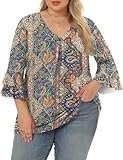 Rapbin Plus Size Boho Tops for Women Elbow 3/4 Length Sleeve Bell Sleeve Floral Top Loose V Neck Pleated T Shirts (Boho Print XL)