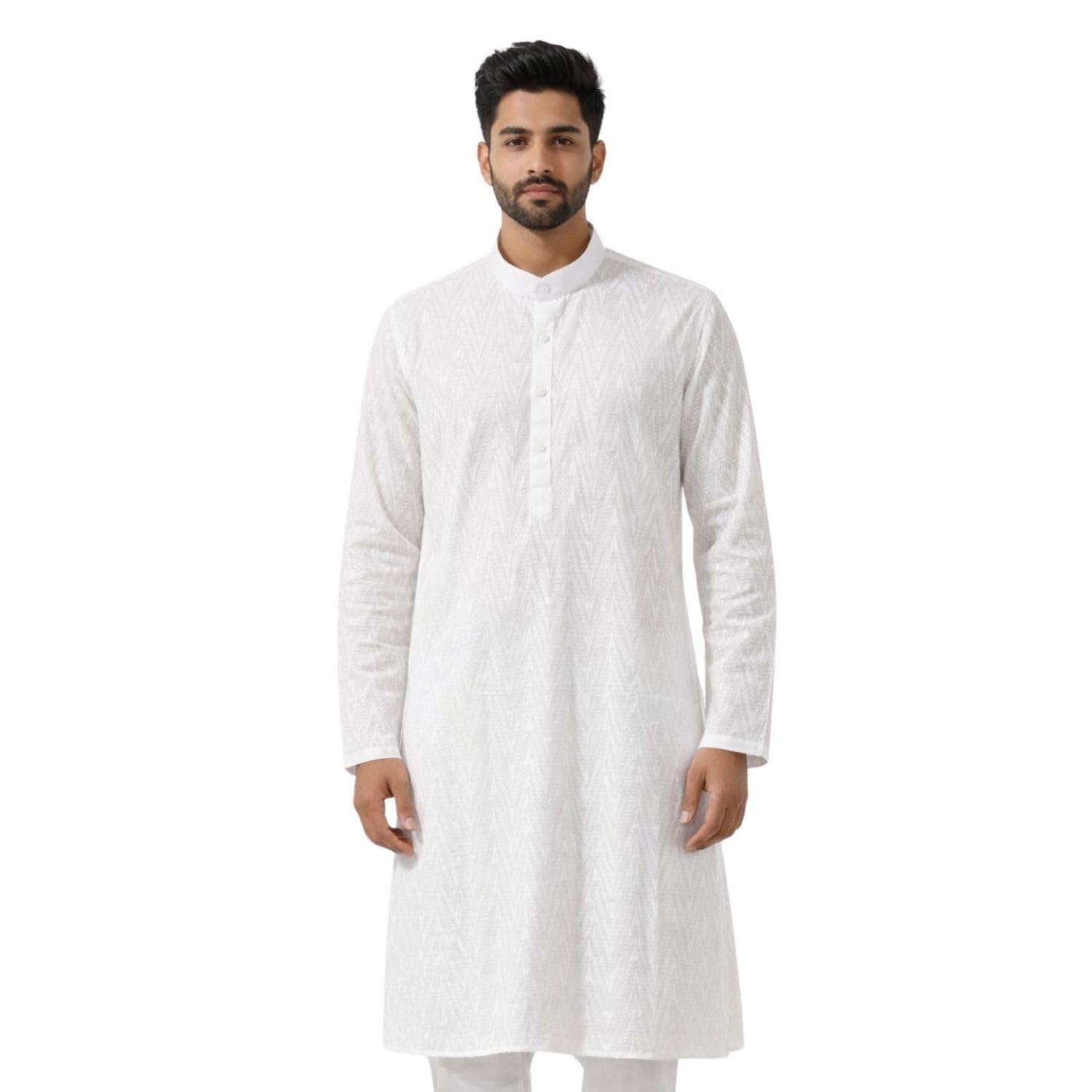 maharaja 100% Cotton Chikankari All Over Geometric Design Kurta in White-picture-45