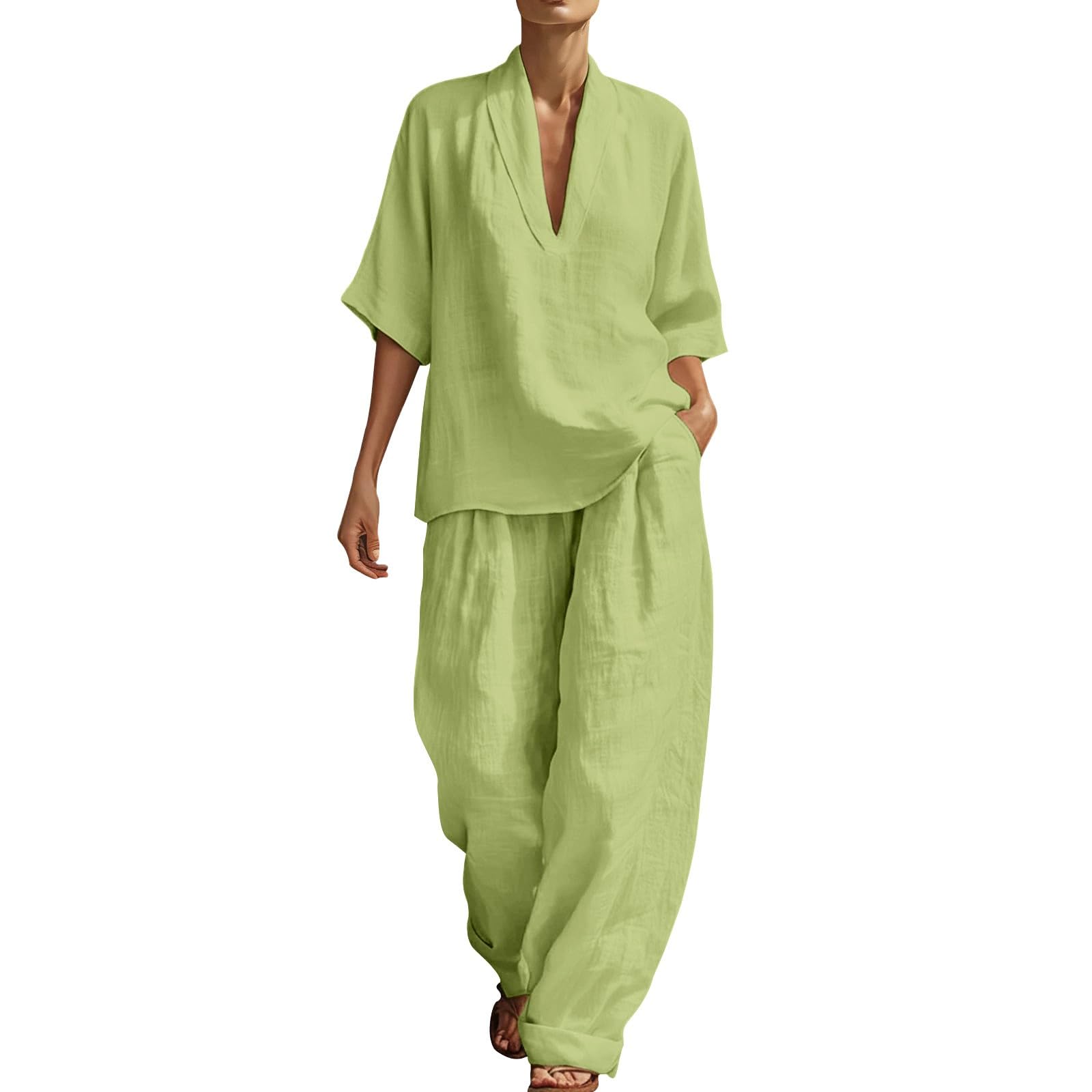 Conjunto Mujer Dos Piezas Verano Casual Elegante Lino Y Algodón Chandal Completo Camisa Y Pantalon Holgado Conjunto Deportivo Cintura Alta Ropa Deportiva Talla Grande Diarios Casa Playa Vacaciones