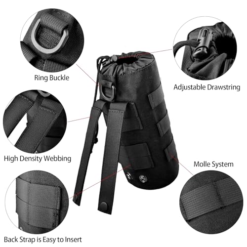 Taktisch Flaschenhalter,Taktische Molle Wasserflaschentasche, Militär Trinkflasche Beutel,Tragbarer Wasserbehälter Beutel Tasche,mit Kordelzug und Mesh Unterseite, Nylon, für Camping Wandern (Schwarz)