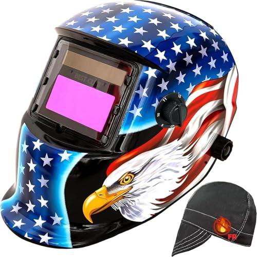 Image of Bestclub Welding Helmet with Cotton Welding Cap True Color Solar Powered Auto Darkening Hood with Adjustable Shade Range 4/9-13 for Mig Tig Arc Welder Mask(Flag Eagle II)