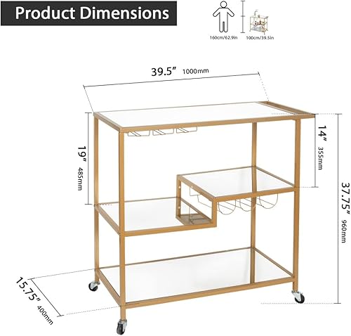 Miniatura 3 de Carrito de servicio con barra rodante de espejo dorado con ruedas con cerradura, carrito de vino con soportes para vino y estante de vidrio, para