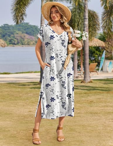 Image of Zeagoo Women Summer Floral Dress Short Sleeve Beach Dress with Pockets Casual V-Neck Split Long T-Shirt Dress Travel Vacation