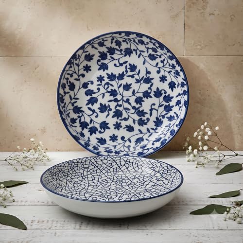 Image of Ceramic Pasta Plate, 20.4 cm Porcelain Dinner Plates, Microwave & Dishwasher Safe, Food Grade Ceramic, Deep Serving Plate for Pasta, Salad, Soup, Curry & Noodles (blue-and-white RANDOM MIX, PACK OF 2)