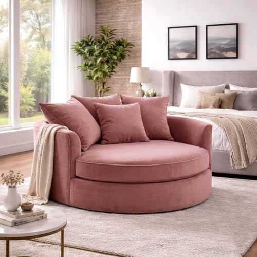 Image of SOFALIZE - Modern Barrel Accent Round Sofa with Pillows Oversize Arm Chair Cozy Club Chair for Bedroom, Living Room, Lounge, Hotel & Office, Hallways (Ashrose)