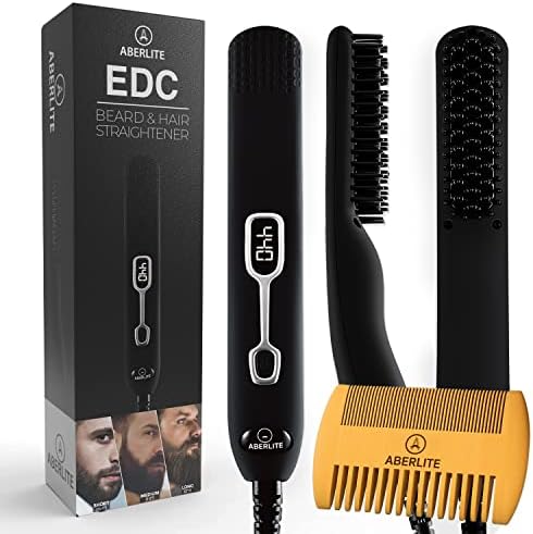 Aberlite EDC - Premium Beard Straightener Brush for Men - Professional Straightening Tool Heated Comb - Beard Kits for Men - Beard Kits Gift Sets Men - Beard Grooming Kit for Men Gift Set (Black)