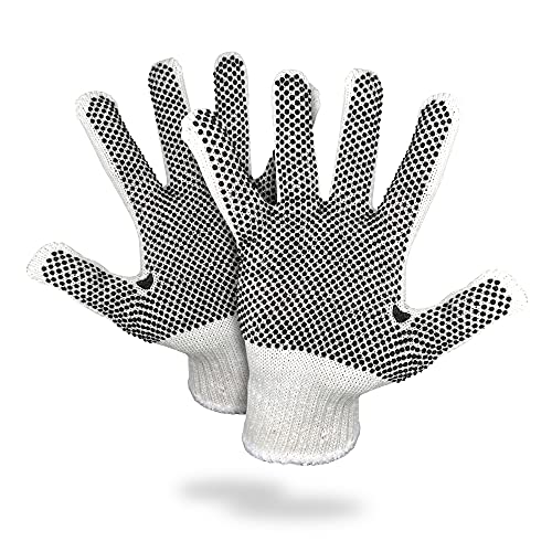 ABC PVC String Knit Work Gloves 10 Size Pack of 12 Safety Work Gloves White Color with Black Dots. Coton Gloves for Warehouse Gardening Construction. Gloves for Work One Side Dotted and Breathable
