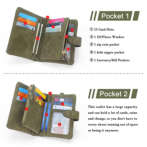 RFID Blocking Wallets for Women, Large Capacity Soft Leather Womens Small Wallet with Wrist Strap (Olive Green)3