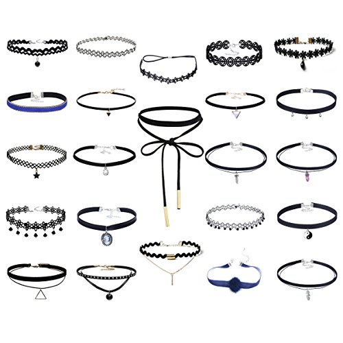 Floweralight 23 Stück Choker Kette Samt Tattoo Choker Set Halsband Für Damen Kragenketten Halsketten Leder Schwarz Cover