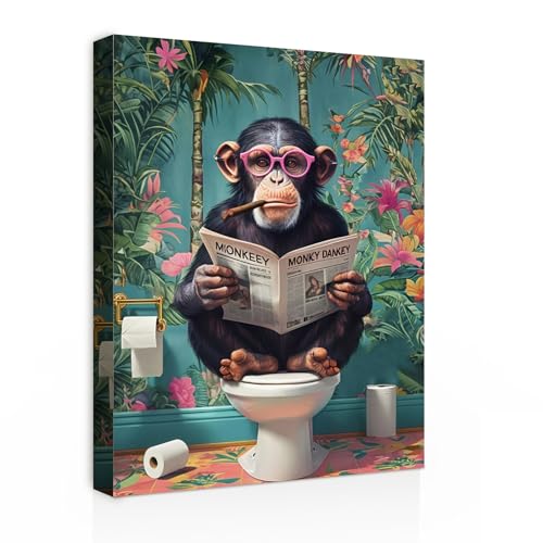 Galmcook Tableau mural sur toile pour salle de bain avec cadre Motif singe amusant sur toilettes...