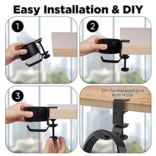 Desk Cup Holder, OOKUU 2 in 1 Desk Cup Holder with Headphone Hanger