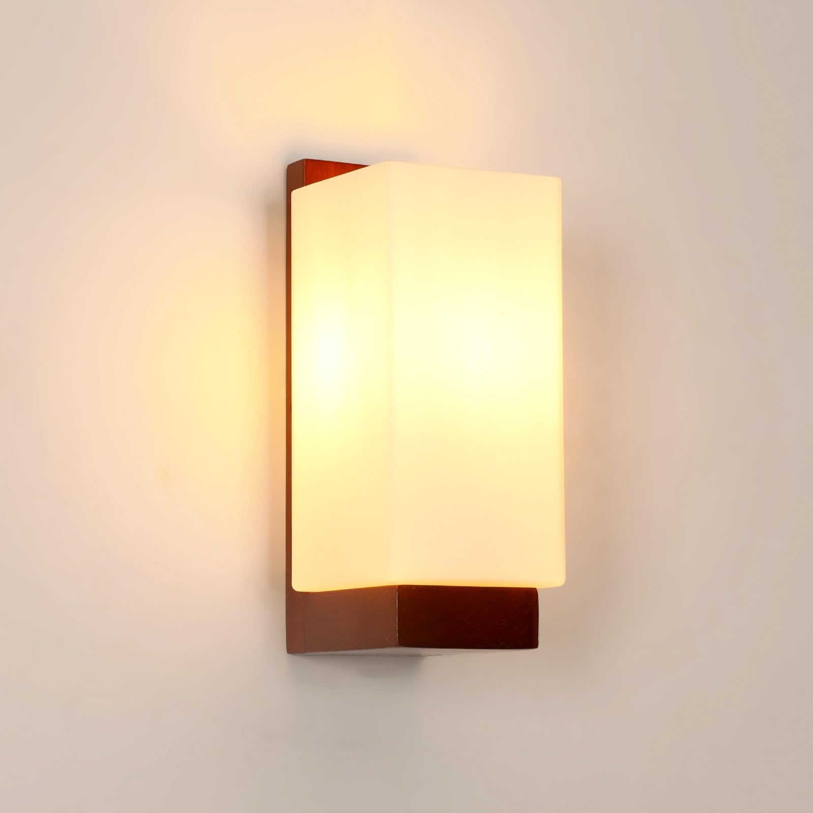 Aplique de Pared Interior Vintage, E27 Lámpara de Pared con Pantalla de Vidrio, Madera Luz de Aplique para Dormitorio, Salón, Cocina, Pasillo, Escaleras (Bombilla no Incluida)
