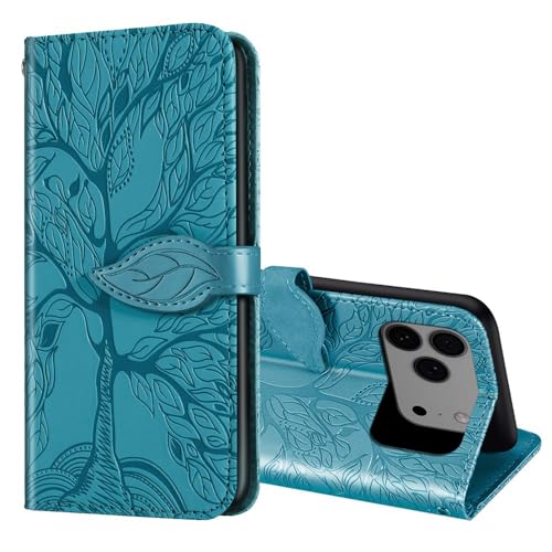 Coque antichoc iPhone 14 avec fentes pour cartes et rabat bleu arbre