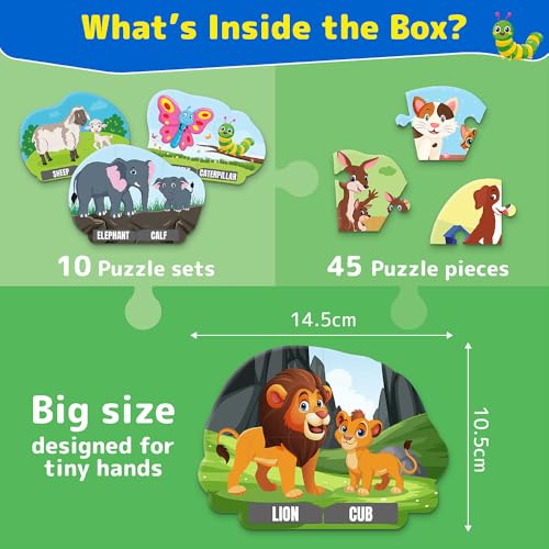 Image of PuzzleUp Learn Animal Babies | 10-in-1 Entry Level Puzzle | 45 Big Size Jigsaw Pieces | Montessori Educational Toy to Improve Memory & Unlock New Words |Gift for Boys & Girls Age 3, 4 & 5 yrs