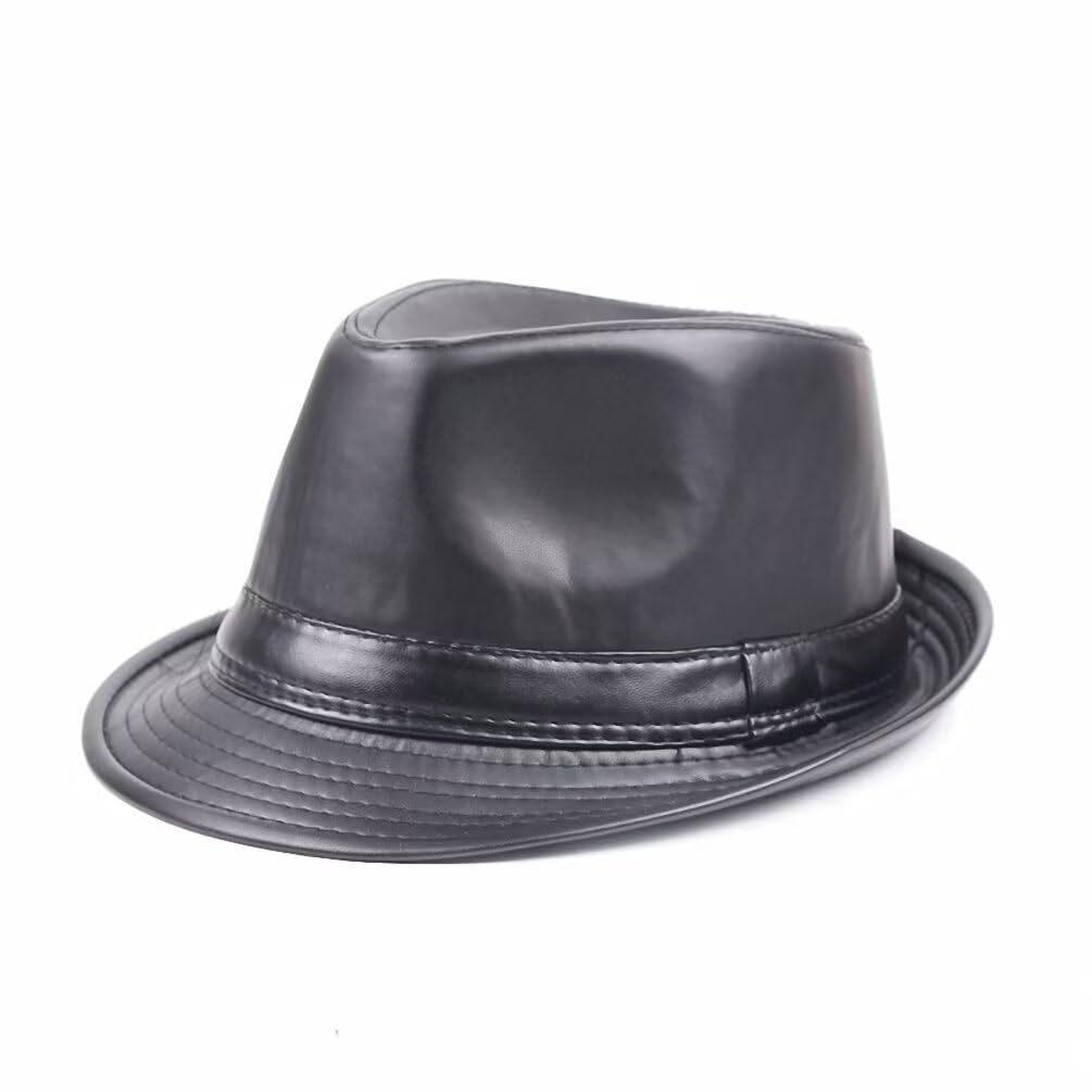 Plancholo Men's Black Wo Vintage Fedora Hat Pu Leather Trilby Panama Cap Gatsby Jazz Hat