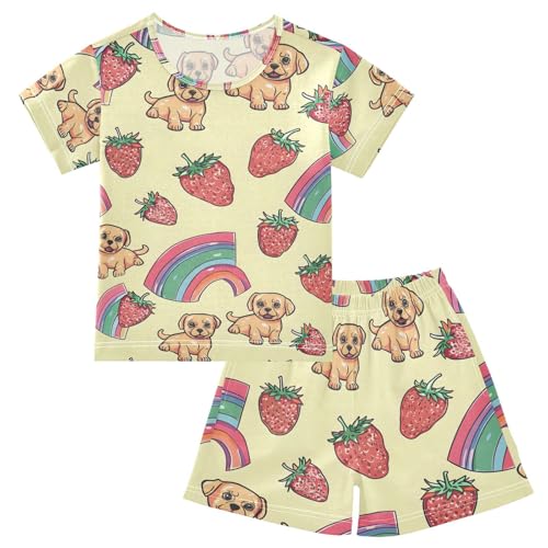 ALAZA Strawberry Puppy Dog Rainbow Yellow Pajamas Short Sleeve 2 Piece Sleepwear Top and Bottom Pajama Set Unisex